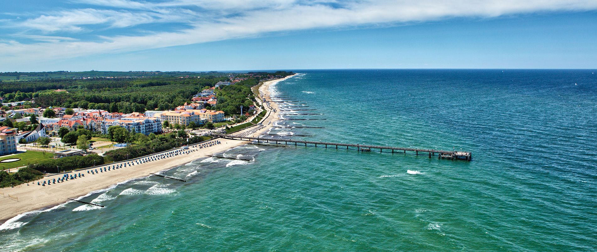 Luftaufnahme eines Strandes mit Promenade und Pier an der Ostsee.
