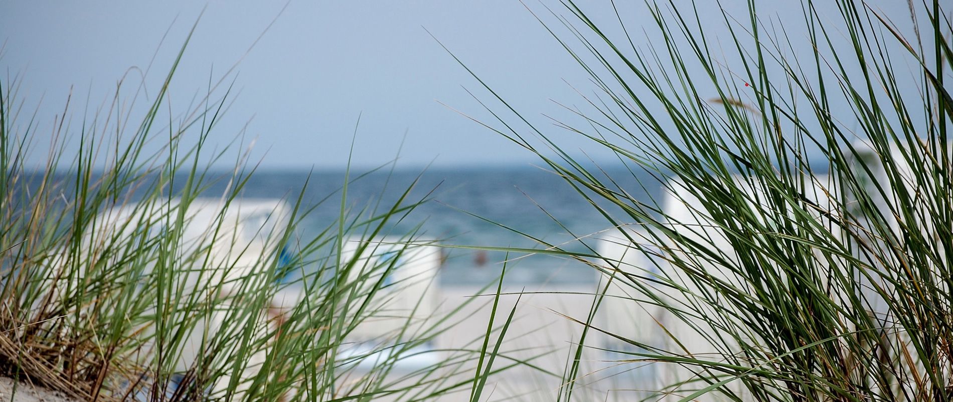 Blick durch Dünen mit Gras auf einen Strand mit Strandkörben und Meer im Hintergrund.