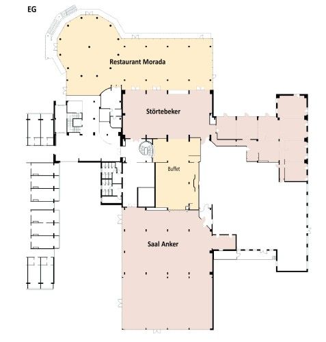 Grundriss des Erdgeschosses eines Gebäudes mit markierten Bereichen: Restaurant Morada, Störtebeker, Buffet und Saal Anker.