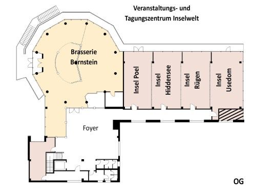 Grundriss des Veranstaltungs- und Tagungszentrums Inselwelt im Obergeschoss mit Brasserie Bernstein und mehreren Tagungsräumen.