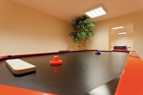 Airhockey-Tisch in einem Raum mit heller Beleuchtung und einer Pflanze im Hintergrund