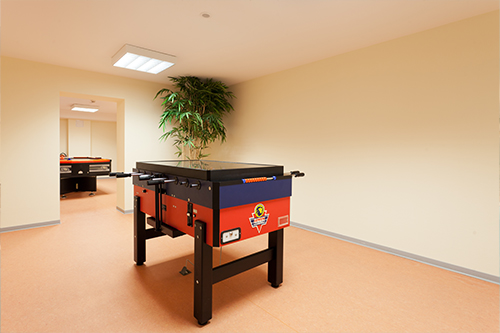 Ein Tischfußballtisch in einem hellen Raum mit Pflanze im Hintergrund.