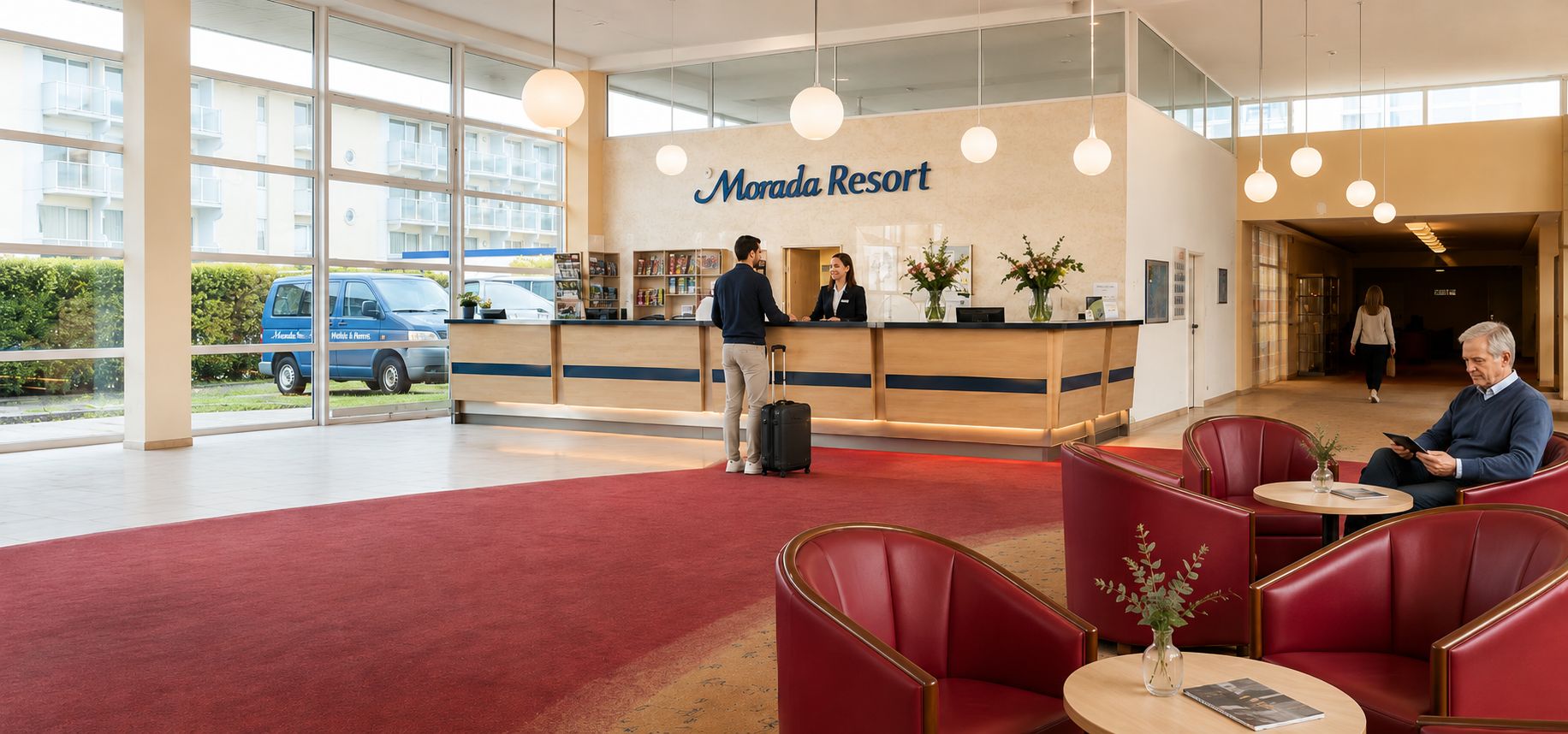 Helle Hotellobby mit Empfangstheke, an der zwei Gäste mit einem Mitarbeiter sprechen. Große Fenster, moderne Beleuchtung und Pflanzen schaffen eine einladende Atmosphäre.