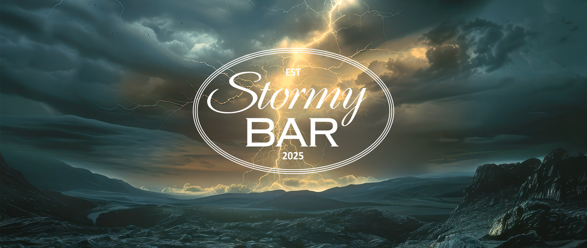 Cover mit stürmischer Landschaft und Blitz im Hintergrund, Schriftzug 'Stormy Bar 2025' im Vordergrund.